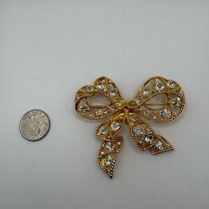 Vintage Gold Tone Bow Brooch Rhinestone Openwork Costume Jewelry Pin